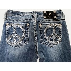 Miss Me Peace Sign Signature Boot Cut Blue Jeans Women Size 28 Embellished